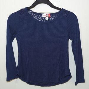 Merry Wear Navy Blue Waffle Knit Sweater Curved Hem Lace Girls Size M